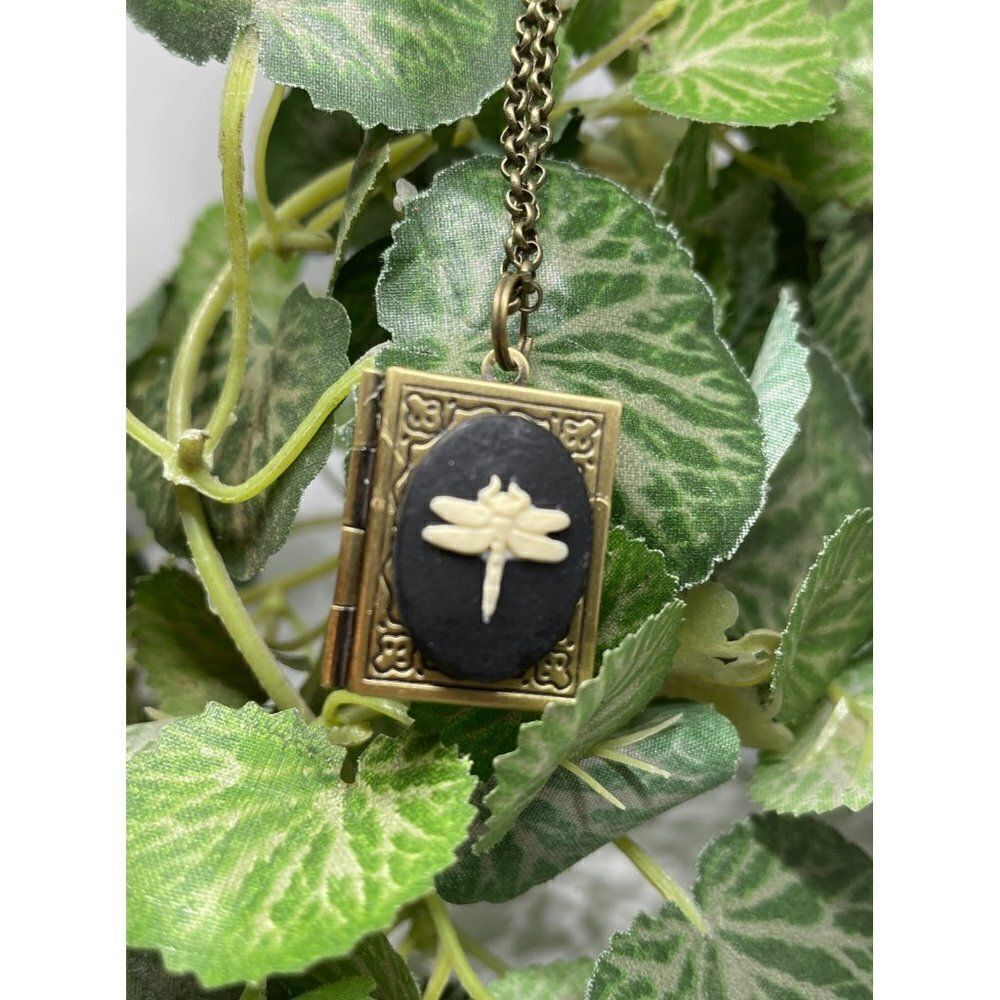 Dainty Dragonfly Cameo book Locket Antique gold pendant necklace photo Gift